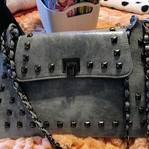 Edgy Gray Studded Shoulder Bag with Flap